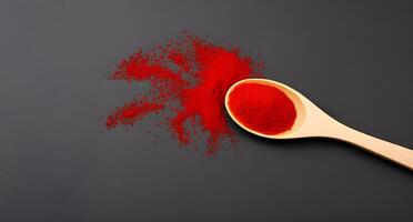 Red powder on a wooden spoon on a black background photo