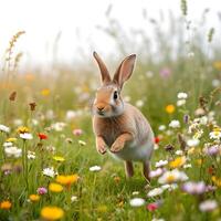 A rabbit running through a field of wildflowers photo