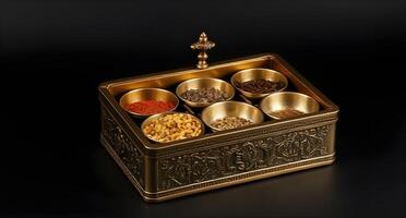 A brass box with six different spices in it photo