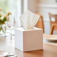 A white tissue box sits on a table photo