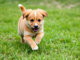 A puppy running on the grass in a field photo