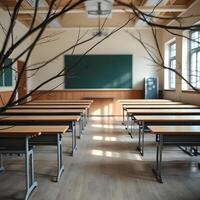 Empty classroom with desks and a tree photo