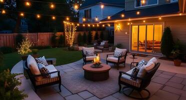 A backyard patio with outdoor furniture and string lights photo