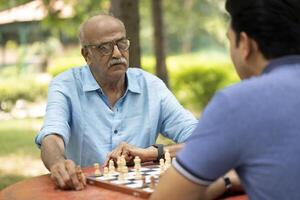 White Haired Man Playing Chess Game With Son Together In Park photo