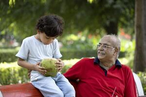 Grandpa And Grandchild Sitting In Park And Enjoying Summer Coconut Water Drink photo