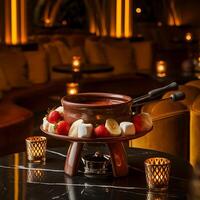 A fondue is on a table with strawberries and bananas photo