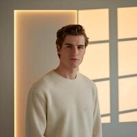 A man in a sweater standing in front of a window photo