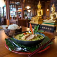 A bowl of soup on a plate photo