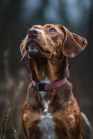 A dog looking up at the sky in a field photo