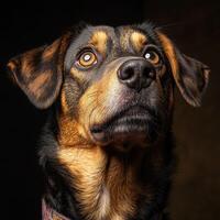 A dog with a collar on looking up photo