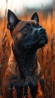 A dog is looking up in a field of tall grass photo