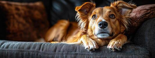 A dog laying on a couch photo