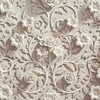 This high-resolution image showcases a meticulously detailed floral relief pattern on a light beige background. photo