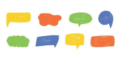 Hand draw color crayon speech frame set for text. Speech bubbles, chalk elements in doodle style. Kid lines of pencil, balloons, shapes, cloud, sticker. Childish isolated illustration. vector