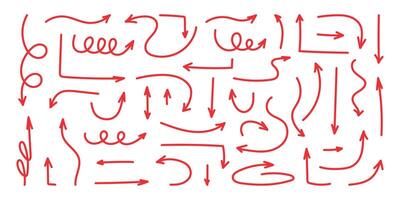 Squiggly red arrow set. Doodle movement spiral arrows, scribble, lines. Chalk elements in flat style. Hand drawn pencil brush for icon, children sketch. illustration on white background vector