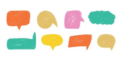 Hand draw crayon speech frame set for text. Speech bubbles, chalk elements in doodle style. Kid lines of pencil, balloons, shapes, cloud, sticker. Color childish isolated illustration. vector