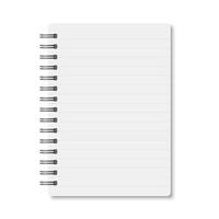 White realistic a6 notebook opened with soft shadows. vertical blank copybook with silver metallic spiral on white background. Mockup of horizontal lined organizer or diary isolated. vector