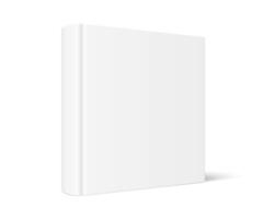 mock up of standing book with white blank cover isolated. Closed square hardcover book, catalog or magazine mockup on white background. 3d illustration. Diminishing perspective view. vector