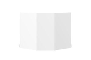blank white trifold leaflet opened on white background. Folded paper sheet in A4. Mock up of standing empty cover, leaflet, brochure, pamphlet, flyer isolated. 3D illustration. Back side. vector