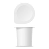 Mockup of plastic yogurt container with lid isolated on white background. realistic yoghurt, ice cream or sour creme package. 3D illustration. Template for your design. Front and top view. vector