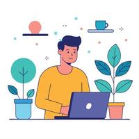 Man working on laptop and plants on the table vector