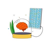 Brain inside a capsule connected to a tablet displaying generated data by a human for artificial intelligence. Plant and abstract shapes in the background. vector