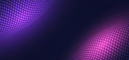 Vibrant halftone wave pattern in purple and pink colors. Dynamic dots form a tech-inspired backdrop on a dark theme, suitable for posters, covers, and UI vector