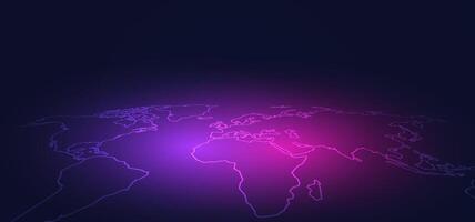 Digital world map illustration with futuristic neon lighting on a dark background. Great for global tech themes, data networks, and international communication visuals vector