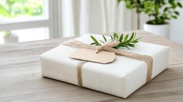 Gift wrapped in white paper with a tag on the front photo