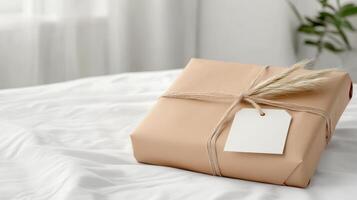 Gift wrapped in brown paper with a white tag on the bed photo