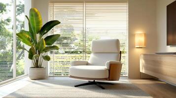 A modern living room with a chair and a plant photo