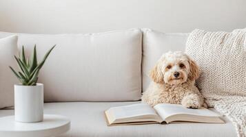 Dog reading book on sofa photo