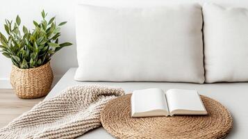 A book, a pillow and a plant on a white sofa in a room with a white wall photo