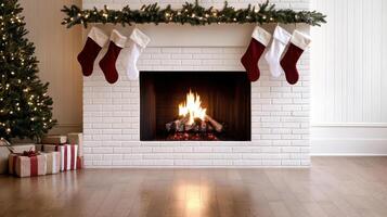 A fireplace with stockings hanging on it photo