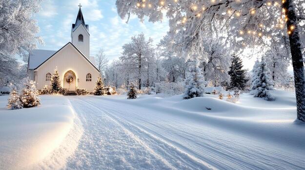 un Iglesia en el nieve con arboles y luces foto