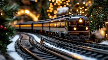 A toy train is on the tracks in front of christmas lights photo