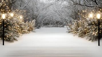 Winter landscape with christmas lights and snow photo