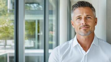 A man in a white shirt standing in front of a window photo