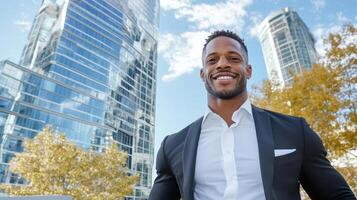 A smiling black man in a suit standing in front of tall buildings photo