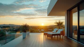 A balcony with a view of the sunset photo