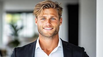 A man in a suit smiling photo