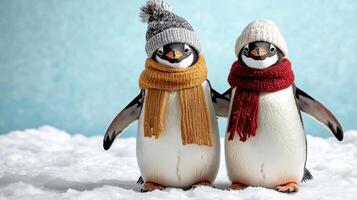 Two penguins wearing hats and scarves photo