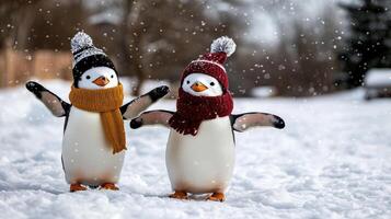 Two penguins wearing hats and scarves in the snow photo