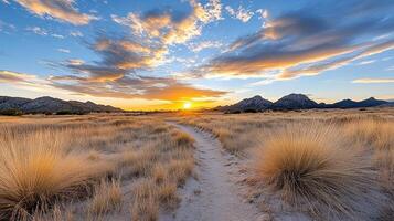 A trail in the desert with grass and mountains photo