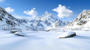A snowy mountain landscape with rocks and snow photo