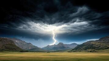 A lightning bolt strikes through the sky above a field photo
