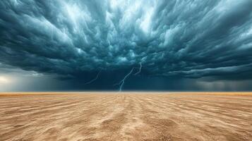 A stormy sky over a desert with a lightning bolt photo