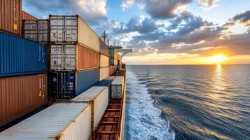 A container ship is sailing through the ocean at sunset photo