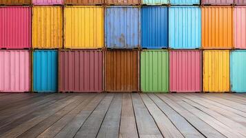 Colorful shipping containers in a room with wooden floor photo