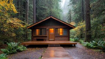 A small cabin in the woods with a wooden walkway photo